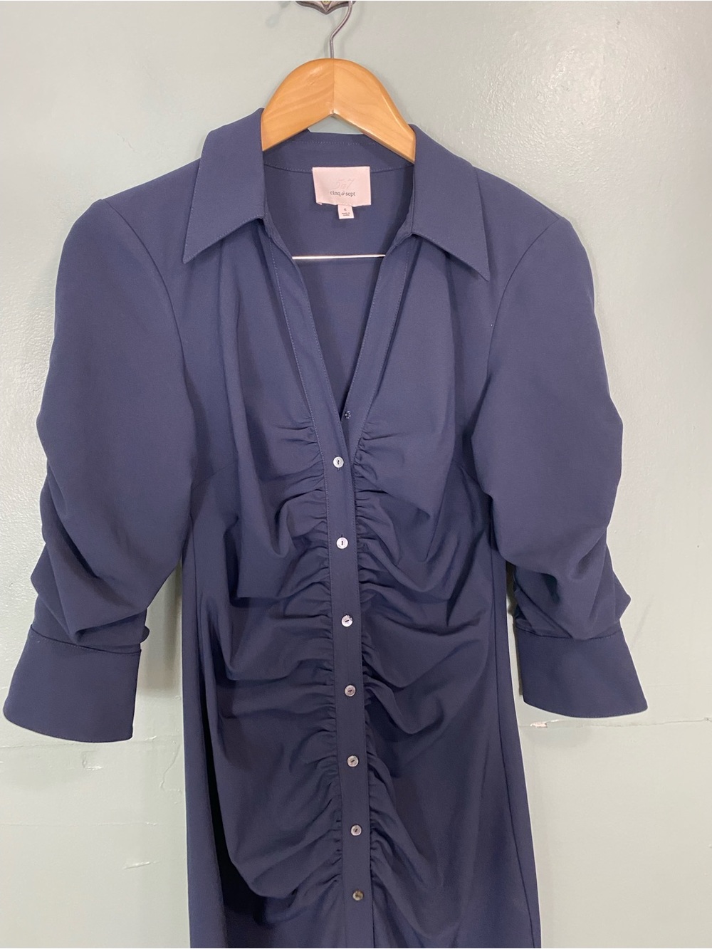 Cinq A Sept Elina Ruched Midi Navy Blue Shirtdress Size 6 - Picture 3 of 6